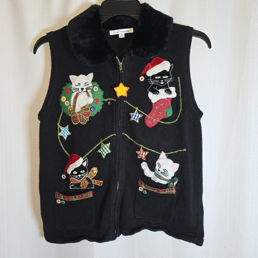 Mercer Street Studio Christmas Cats Embroidered Vest Full Zip Women's Medium